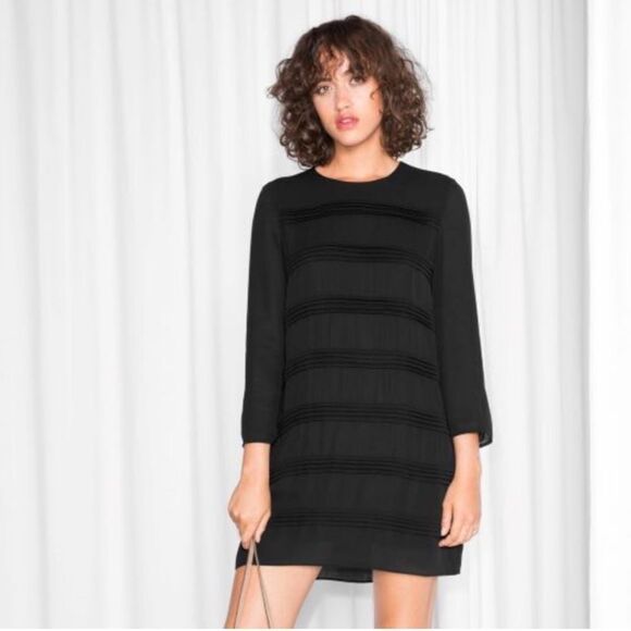 & Other Stories Black Pleated Frills Chiffon Long Sleeve Shift Dress Sz 4 - Picture 1 of 15